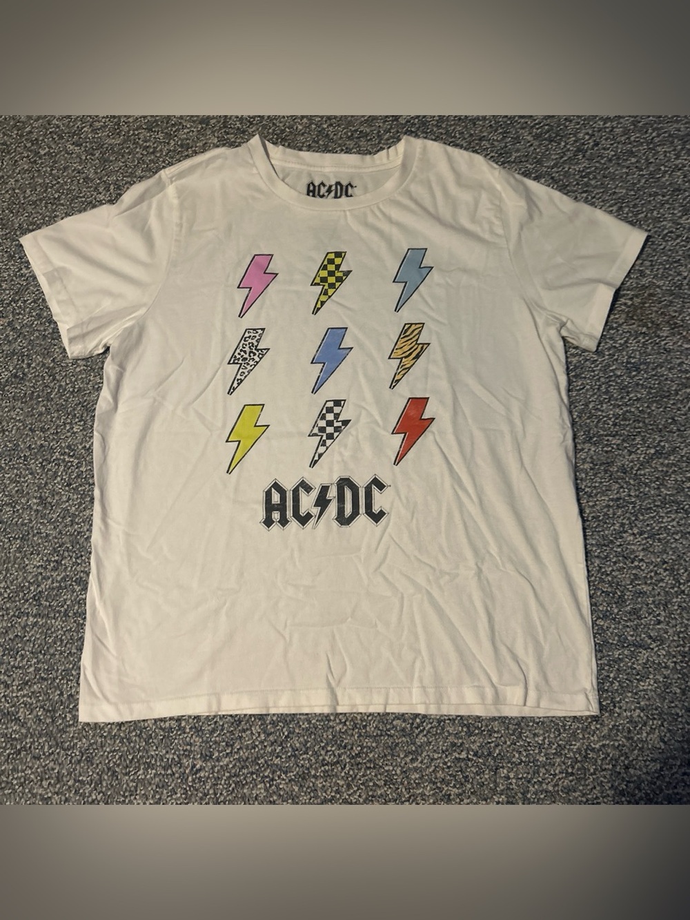 AC/DC Men’s White Tee with Multicolor Lightning Bolts